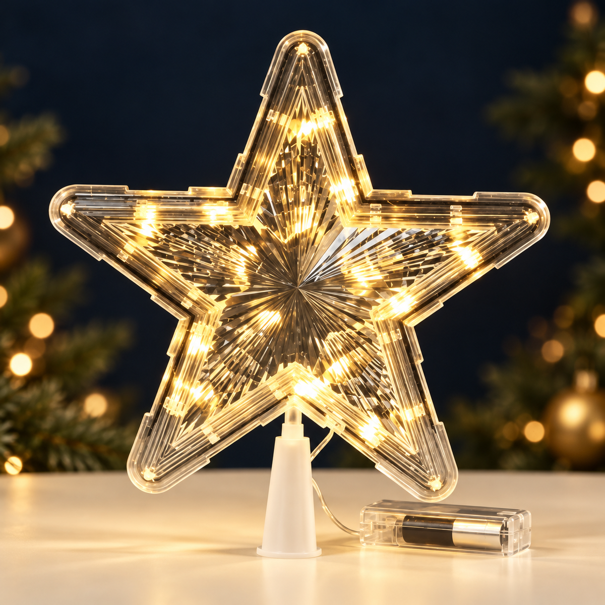 Wondermas Christmas Star, a transparent five-point tree topper illuminated with warm golden light