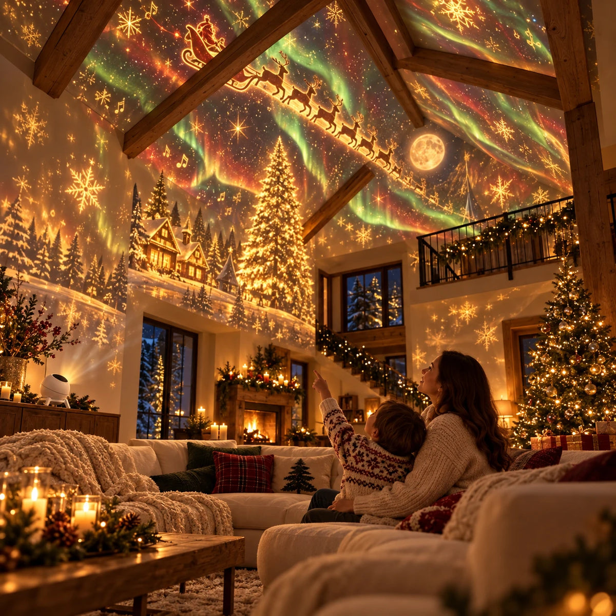 A Christmas sky illuminates the walls and timber ceiling of a family living room