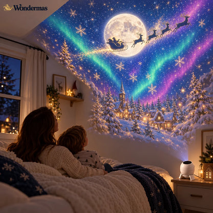 Family enjoying a Wondermas Christmas sky projection in a bedroom