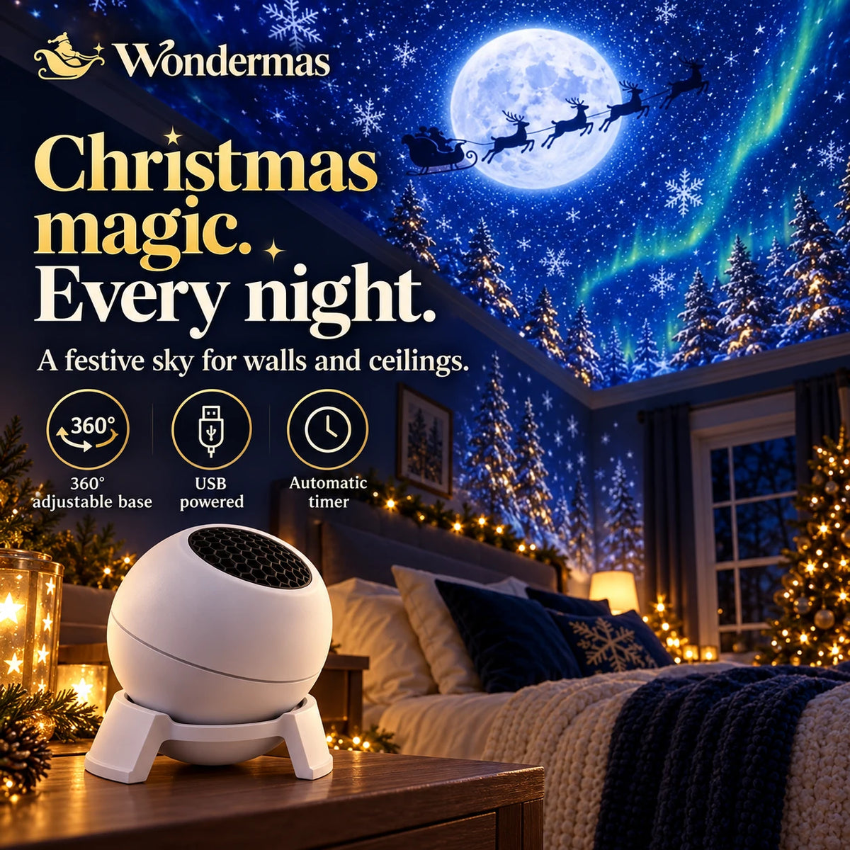 Wondermas Christmas projector: adjustable base, USB power and automatic timer