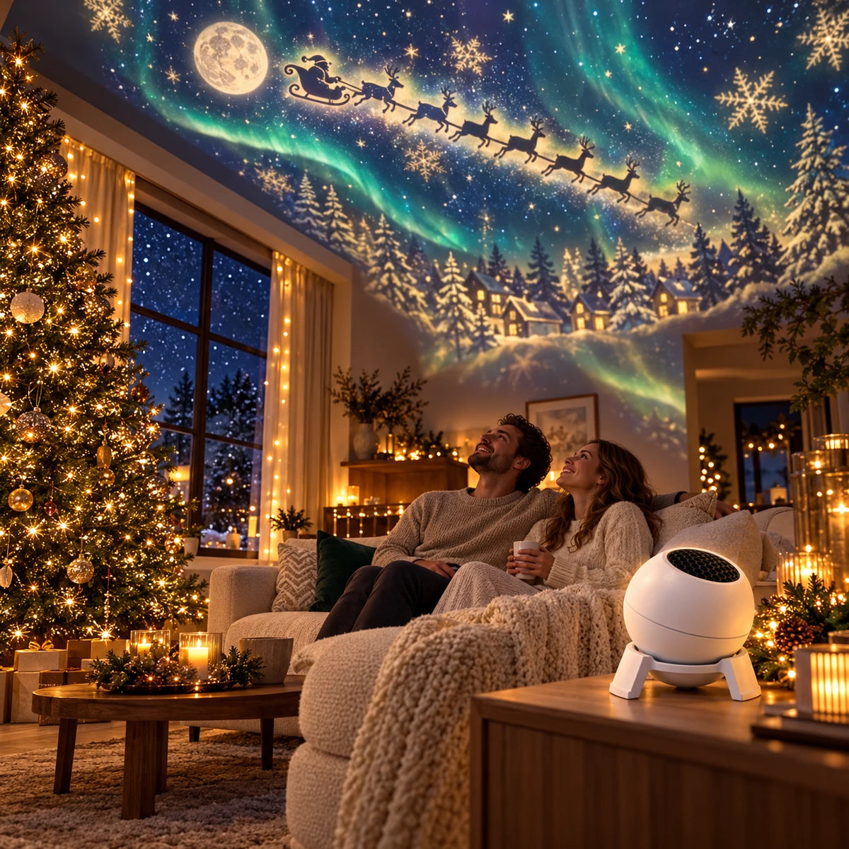 A couple enjoying Christmas lights across their living room ceiling