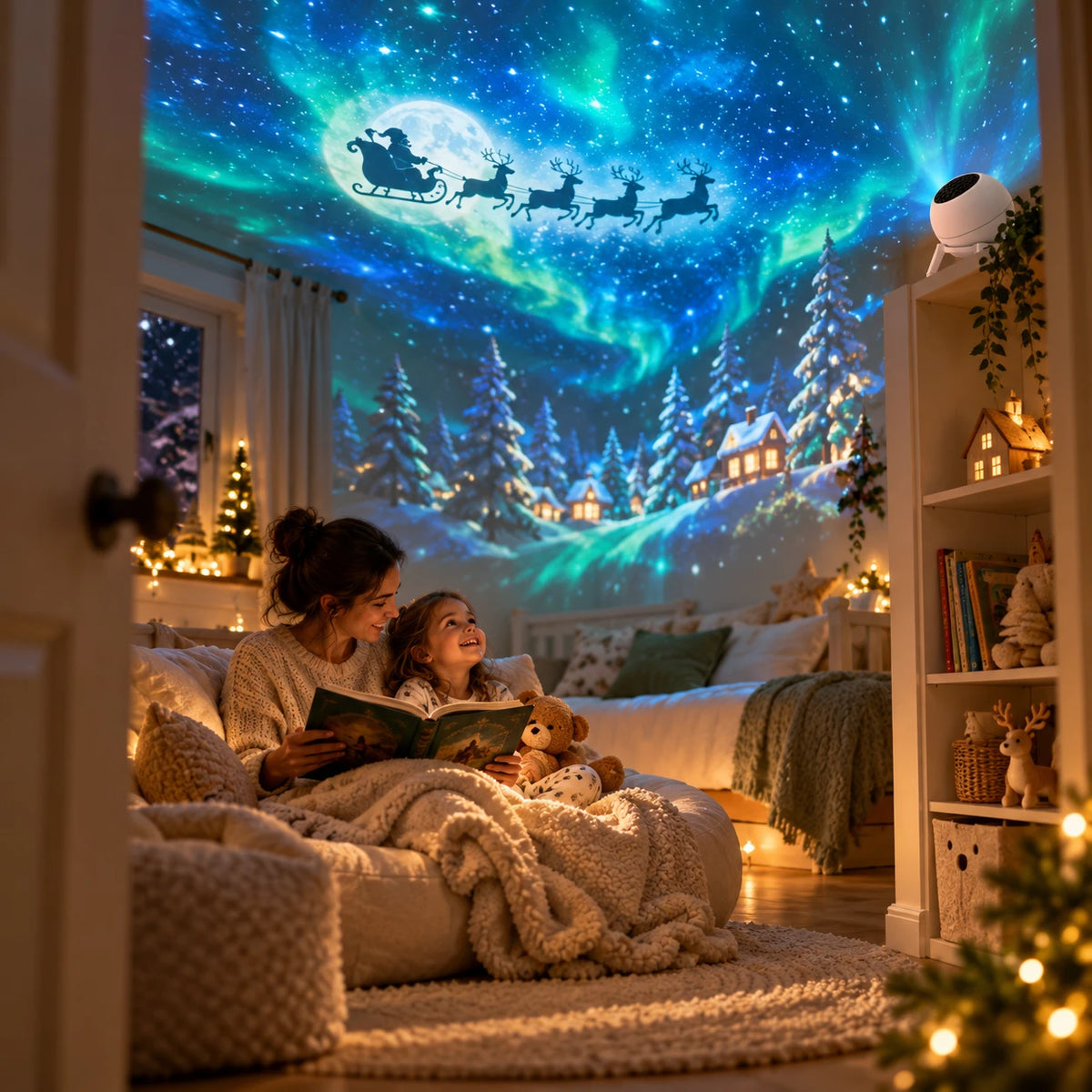 Story time beneath a blue Christmas sky in a cozy bedroom