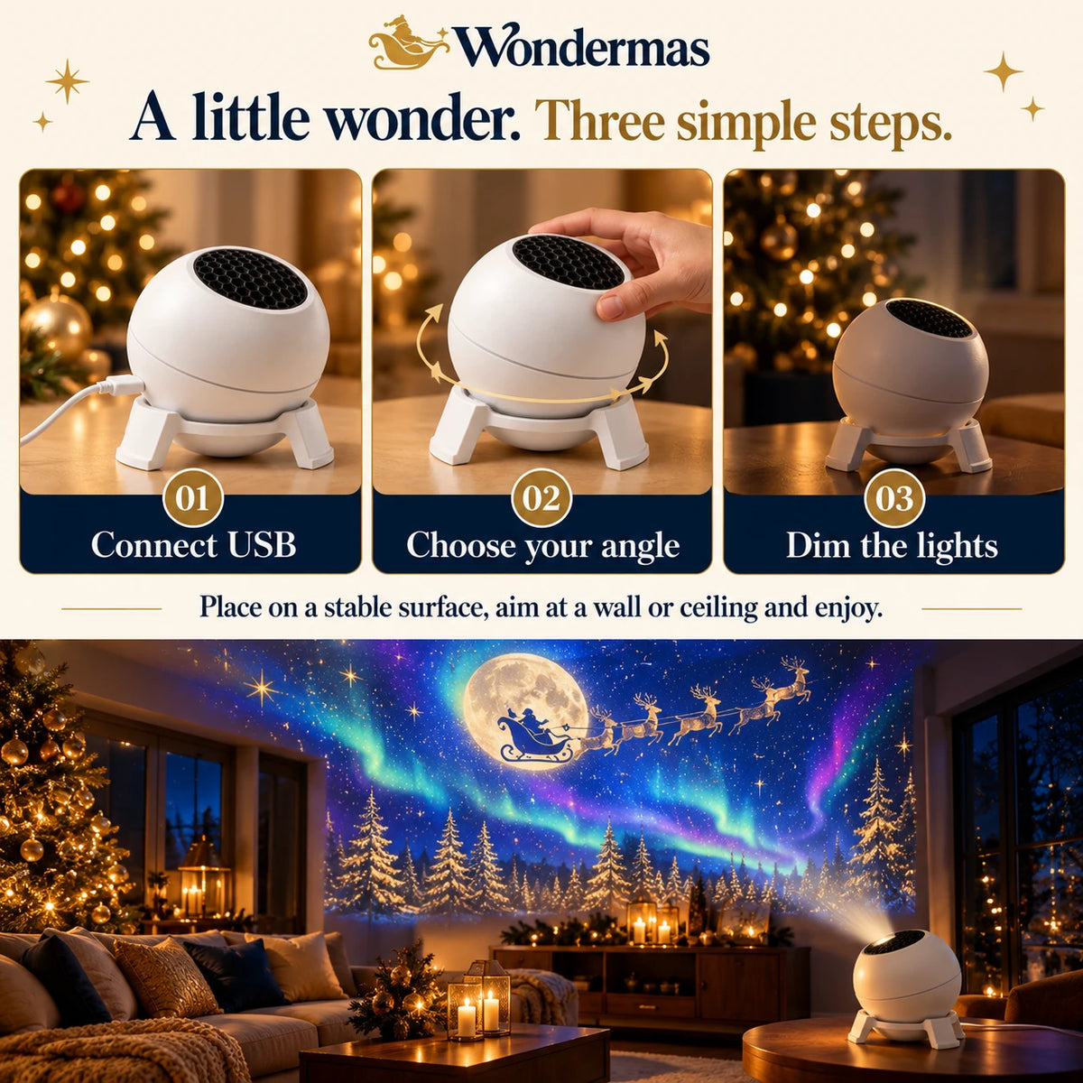 Three steps: connect USB, choose your angle and dim the lights