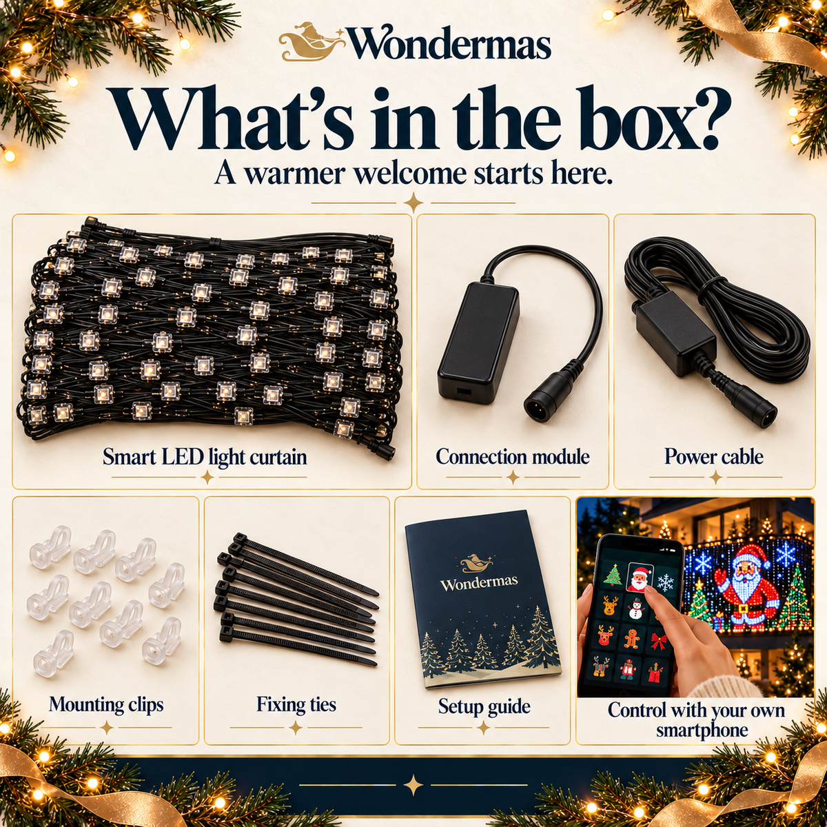 Wondermas curtain set contents; operated using your own smartphone