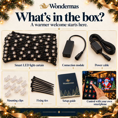 Wondermas curtain set contents; operated using your own smartphone