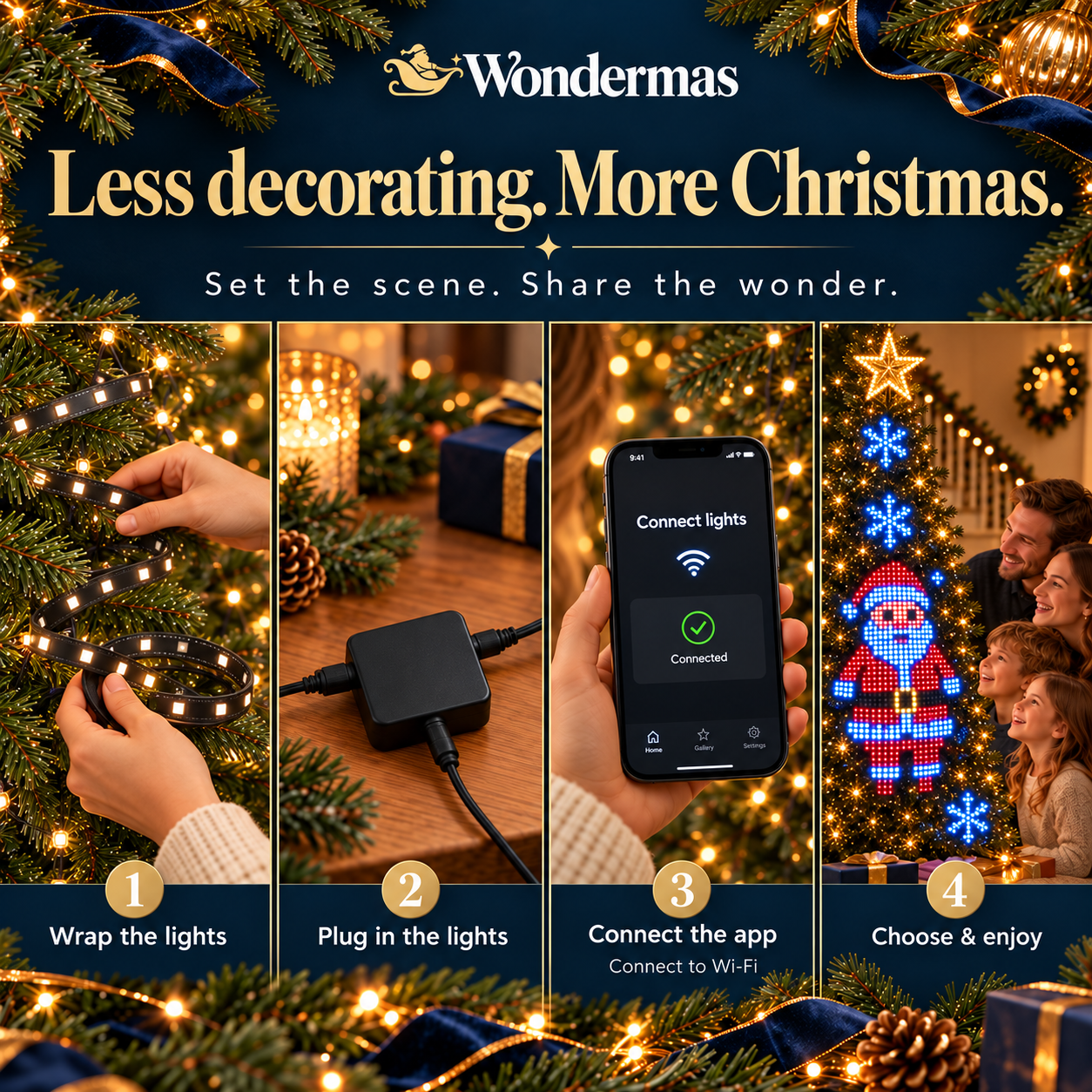 Wondermas tree lights: install, plug in, connect the smartphone app to Wi-Fi and choose a design